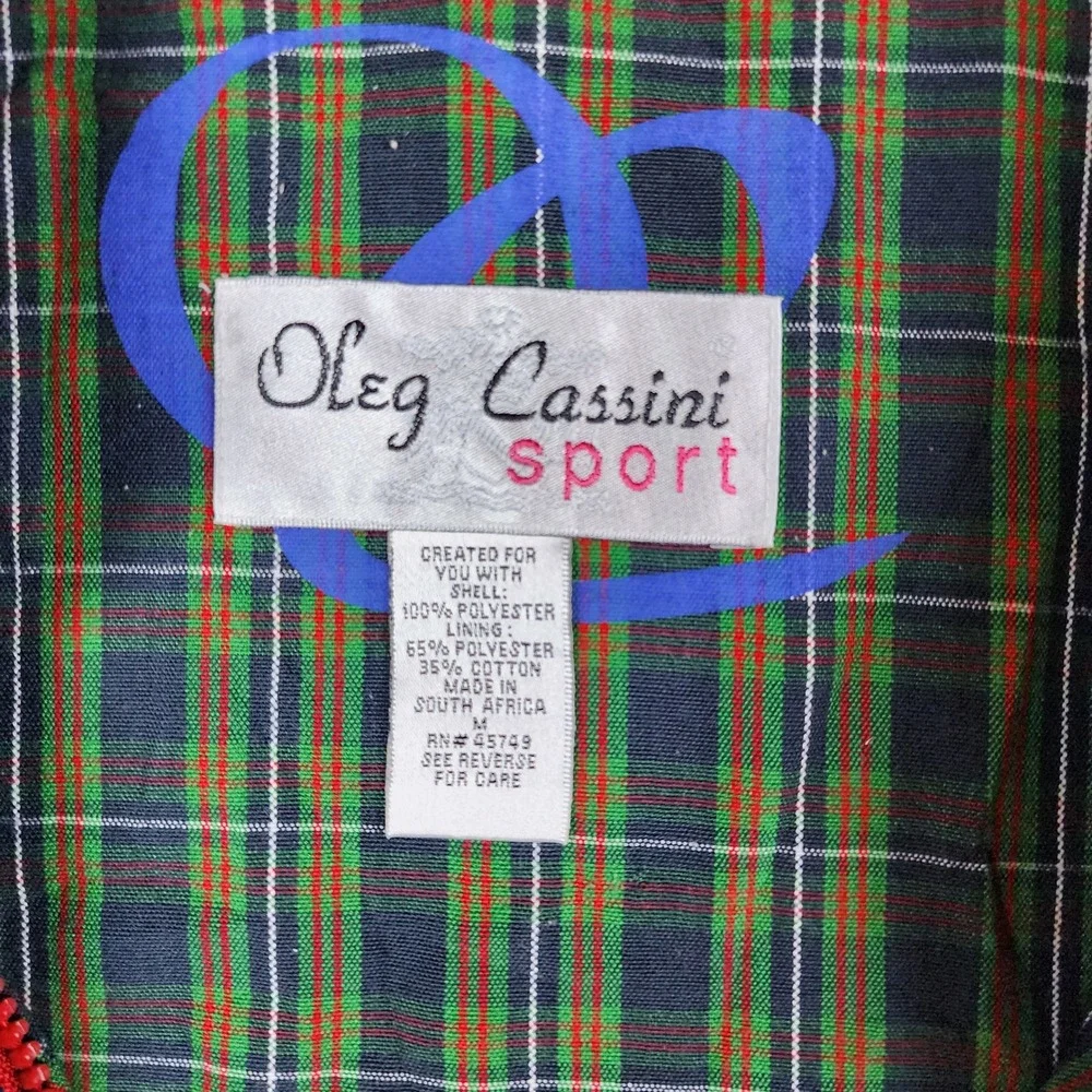 Oleg Cassini Sport Windbreaker Mens Medium Navy Blue Plaid Lined Vintage Jacket